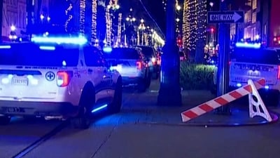 Police attend the scene where a pickup truck drove into a large crowd on Bourbon Street in the French Quarter of New Orleans, Louisiana, After the attack, the game has been rescheduled until Thursday afternoon. (REUTERS)
