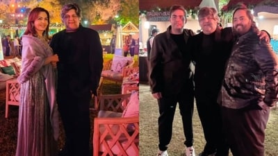 Businessman Bharat J Mehra with the Ambani family at Jamnagar. (Instagram/@amabniupdate) Businessman Bharat J Mehra with the Ambani family at Jamnagar. (Instagram/@amabniupdate)