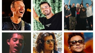 (Clockwise from top left) Coldplay, Martin Garrix, Linkin Park, AR Rahman, Sonu Nigam and Hanumankind