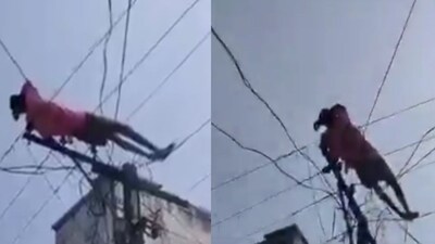 After a dispute over his mother's pension, the intoxicated man climbed an electric pole and fell asleep on the wires. (X/@kathiyawadiii) After a dispute over his mother's pension, the intoxicated man climbed an electric pole and fell asleep on the wires. (X/@kathiyawadiii)