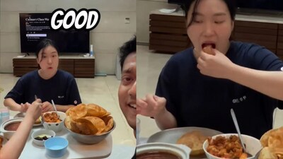 A video of an Indian man sharing the iconic aloo poori with his curious Korean family is viral. (Instagram/@subtle_crazykorea) A video of an Indian man sharing the iconic aloo poori with his curious Korean family is viral. (Instagram/@subtle_crazykorea)