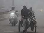 A rickshaw puller plies on a road amid fog on a frizzy morning, in Gurugram on Thursday. 
