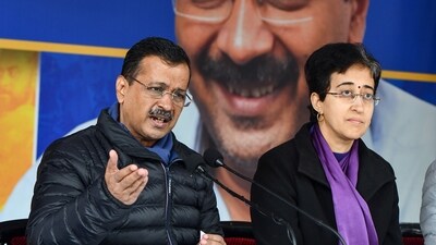 Aam Aadmi Party (AAP) national convener Arvind Kejriwal with Delhi chief minister Atishi. (ANI)