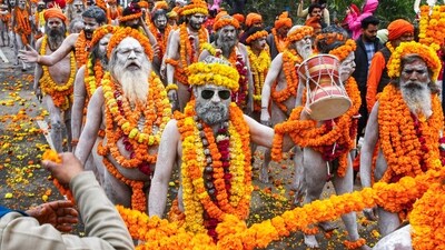Prayagraj: Saints of Shri Panchayati Mahanirvani Akhara during a religious procession in Prayagraj. (ANI)