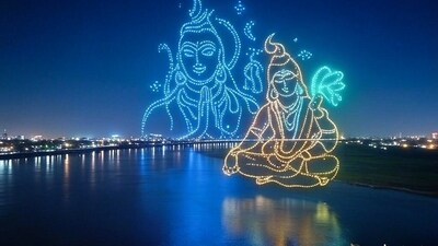 A view of a drone show decorated with lights of 2,000 drones at Maha Kumbh 2025, at Sangam Nose in Prayagraj. (Maha Kumbh - X)