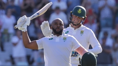South Africa's Temba Bavuma celebrates his century during the second test match. (AP) South Africa's Temba Bavuma celebrates his century during the second test match. (AP)