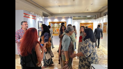 Art aficionados at Jayasri Burman’s exhibition walk-through during the Madras Art Weekend  (Saurabh Sharma)