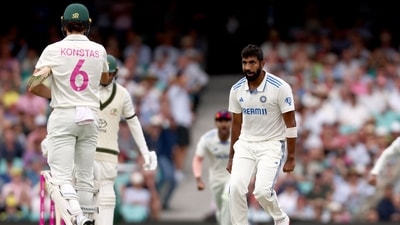 Jasprit Bumrah (R) has the last laugh against Sam Konstas (AFP) Jasprit Bumrah (R) has the last laugh against Sam Konstas (AFP)