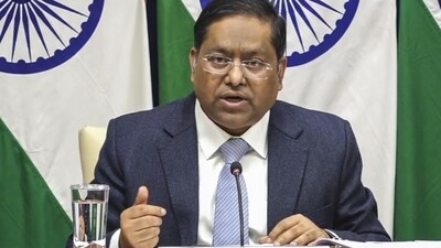 Ministry of External Affairs spokesperson Randhir Jaiswal speaks during weekly media briefing in New Delhi on Friday (PTI) (HT_PRINT) Ministry of External Affairs spokesperson Randhir Jaiswal speaks during weekly media briefing in New Delhi on Friday (PTI) (HT_PRINT)