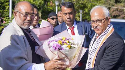 Newly appointed Manipur Governor Ajay Bhalla (right) being greeted by chief minister N Biren Singh in Imphal. (PTI Photo)
