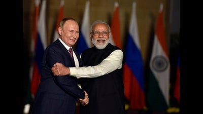 Prime Minister Narendra Modi with Russian President Vladimir Putin in New Delhi on December 6, 2021. (Sanjeev Verma/HT PHOTO) Prime Minister Narendra Modi with Russian President Vladimir Putin in New Delhi on December 6, 2021. (Sanjeev Verma/HT PHOTO)