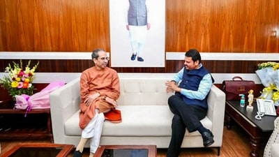 Maharashtra chief minister Devendra Fadnavis met Shiv Sena (UBT) chief Uddhav Thackeray during the Winter session of the State Assembly, at Vidhan Bhavan in Nagpur on December 17. (PTI) Maharashtra chief minister Devendra Fadnavis met Shiv Sena (UBT) chief Uddhav Thackeray during the Winter session of the State Assembly, at Vidhan Bhavan in Nagpur on December 17. (PTI)
