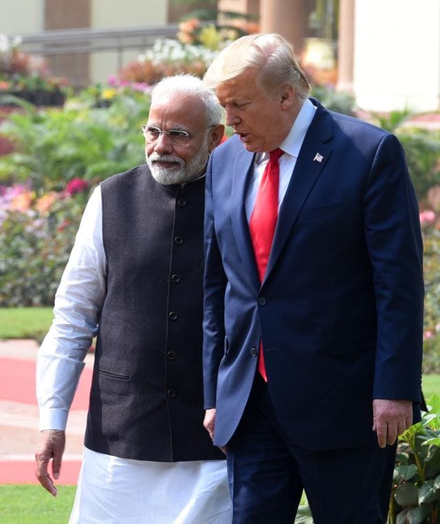 Prime Minister Narendra Modi and US President Donald Trump in New Delhi on February 25, 2020. (Mohd Zakir/HT PHOTO) Prime Minister Narendra Modi and US President Donald Trump in New Delhi on February 25, 2020. (Mohd Zakir/HT PHOTO)