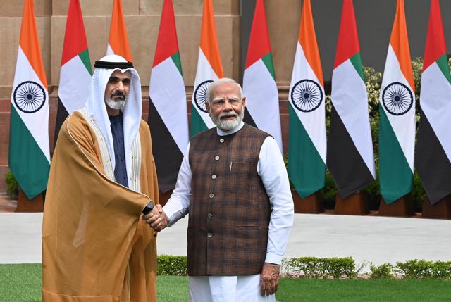 Prime Minister Narendra Modi with Abu Dhabi's Crown Prince, Sheikh Khaled Bin Mohammed Bin Zayed Al Nahyan in New Delhi on September 9, 2024. (Hindustan Times) Prime Minister Narendra Modi with Abu Dhabi's Crown Prince, Sheikh Khaled Bin Mohammed Bin Zayed Al Nahyan in New Delhi on September 9, 2024. (Hindustan Times)