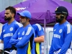 Indian cricket team Head coach Gautam Gambhir with captain Rohit Sharma and Virat Kohli during a practice session.