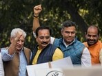 Delhi BJP President Virendra Sachdeva and party leaders Kailash Gahlot, Parvesh Verma and Ramesh Bidhuri during a protest against former Delhi chief minister Arvind Kejriwal. Delhi BJP President Virendra Sachdeva and party leaders Kailash Gahlot, Parvesh Verma and Ramesh Bidhuri during a protest against former Delhi chief minister Arvind Kejriwal.