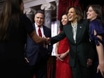 WASHINGTON, DC - JANUARY 03: U.S. Vice President Kamala Harris greets family members of Sen. David McCormick (R-PA) during a ceremonial swearing-in at the U.S. Capitol on January 3, 2025 in Washington, DC.