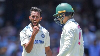 India's Prasidh Krishna celebrates the wicket of Australia's Alex Carey. (BCCI- X) India's Prasidh Krishna celebrates the wicket of Australia's Alex Carey. (BCCI- X)