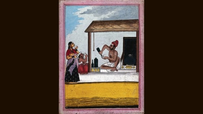 An 1840 painting of a man selling alcohol to a couple. An 1840 painting of a man selling alcohol to a couple.