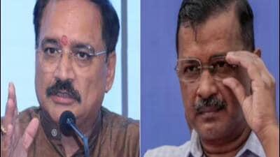Delhi BJP chief Virendra Sachdeva and AAP chief Arvind Kejriwal. Delhi BJP chief Virendra Sachdeva and AAP chief Arvind Kejriwal.