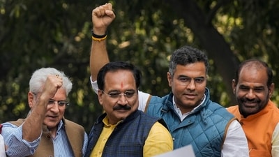 Delhi BJP President Virendra Sachdeva and party leaders Kailash Gahlot, Parvesh Verma and Ramesh Bidhuri during a protest against former Delhi chief minister Arvind Kejriwal. (PTI file photo) Delhi BJP President Virendra Sachdeva and party leaders Kailash Gahlot, Parvesh Verma and Ramesh Bidhuri during a protest against former Delhi chief minister Arvind Kejriwal. (PTI file photo)
