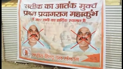 Poster showing mafia Atiq Ahmed in Mahakumbh area on Saturday (HT Photo)