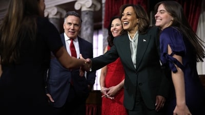 WASHINGTON, DC - JANUARY 03: U.S. Vice President Kamala Harris greets family members of Sen. David McCormick (R-PA) during a ceremonial swearing-in at the U.S. Capitol on January 3, 2025 in Washington, DC. (Getty Images via AFP)