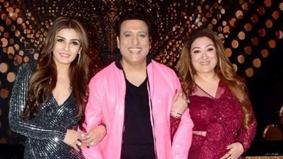 Raveena Tandon, Govinda, and Sunita Ahuja on Nach Baliye. Raveena Tandon, Govinda, and Sunita Ahuja on Nach Baliye.