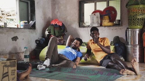 A still from Against The Tide sees Ganesh and Rakesh in an off day, chilling at their shed. A still from Against The Tide sees Ganesh and Rakesh in an off day, chilling at their shed.