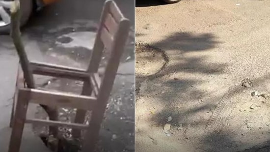 The broken chair on a sinkhole prompted BBMP officials to fix the road. (The Times of India)