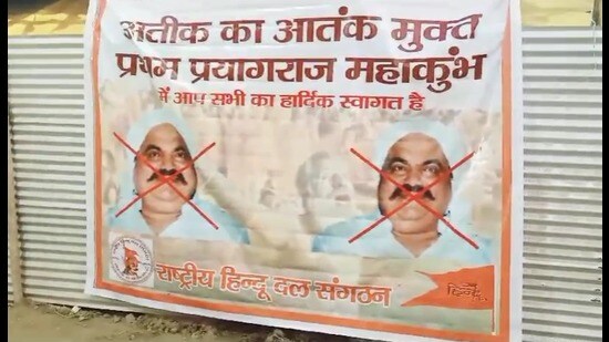 Poster showing mafia Atiq Ahmed in Mahakumbh area on Saturday (HT Photo)