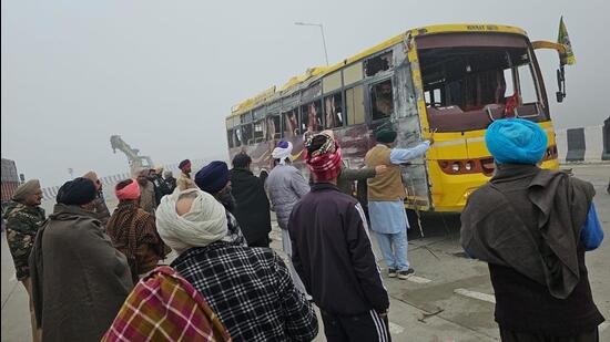 The bus that met with an accident near the Moga bypass flyover in Barnala on Saturday. (HT Photo)