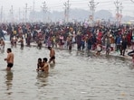 Prayagraj, Jan 05 (ANI): Devotees take a dip at the Sangam of the Ganga, the Yamuna and Saraswati (mythical) Rivers on a foggy and cold winter day, in Prayagraj on Sunday. (ANI Photo) Prayagraj, Jan 05 (ANI): Devotees take a dip at the Sangam of the Ganga, the Yamuna and Saraswati (mythical) Rivers on a foggy and cold winter day, in Prayagraj on Sunday. (ANI Photo)