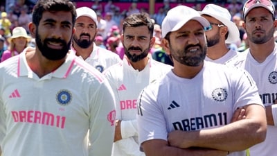 Virat Kohli reacts with teammates during the trophy ceremony after the fifth Test between India and Australia in Sydney. (AFP) Virat Kohli reacts with teammates during the trophy ceremony after the fifth Test between India and Australia in Sydney. (AFP)