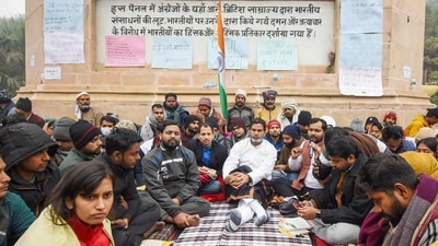 Jan Suraaj chief Prashant Kishor with others during his indefinite hunger strike demanding the cancellation of the 70th Combined Competitive Examination (CCE) 2024, conducted by the Bihar Public Service Commission (BPSC), over allegations of question paper leak, in Patna, Sunday, Jan. 5, 2025. (PTI Photo) (PTI) Jan Suraaj chief Prashant Kishor with others during his indefinite hunger strike demanding the cancellation of the 70th Combined Competitive Examination (CCE) 2024, conducted by the Bihar Public Service Commission (BPSC), over allegations of question paper leak, in Patna, Sunday, Jan. 5, 2025. (PTI Photo) (PTI)