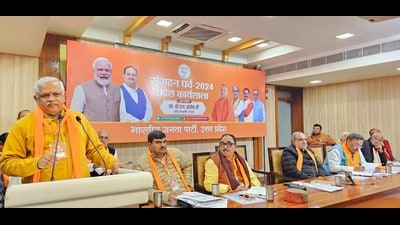 State-level workshop on organisational elections held at the BJP headquarters on Sunday. (HT Photo) State-level workshop on organisational elections held at the BJP headquarters on Sunday. (HT Photo)