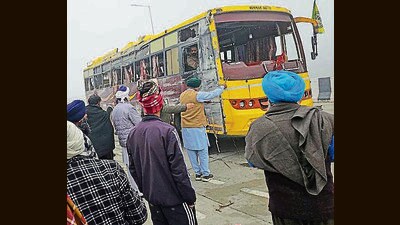 The bus that met with an accident near the Moga bypass flyover in Barnala on Saturday. (HT File)