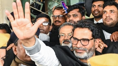 Jan Suraaj chief Prashant Kishor waves to the crowd at the Civil Court, in Patna on Monday. (Pappi Sharma/ANI) Jan Suraaj chief Prashant Kishor waves to the crowd at the Civil Court, in Patna on Monday. (Pappi Sharma/ANI)
