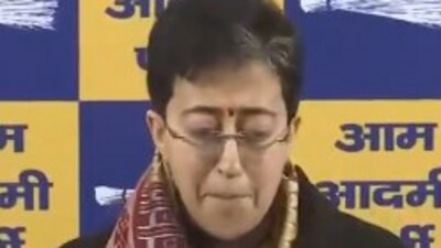 Delhi chief minister Atishi breaks down during a press conference in Delhi on Monday. (ANI/X) Delhi chief minister Atishi breaks down during a press conference in Delhi on Monday. (ANI/X)