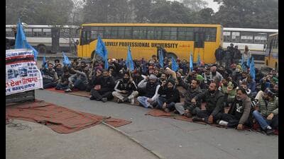 Contractual transport workers during a strike at the Ludhiana bus terminal on Monday. (Manish/HT) Contractual transport workers during a strike at the Ludhiana bus terminal on Monday. (Manish/HT)