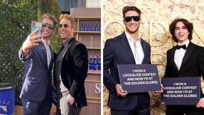 Glen Powell and Timothee Chalamet's look-alikes walked the 2025 Golden Globe red carpet. Glen Powell and Timothee Chalamet's look-alikes walked the 2025 Golden Globe red carpet.