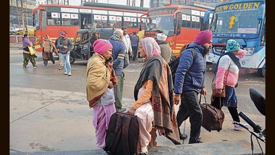 Passengers stranded at the bus stand during the strike in Amritsar on Monday. (Sameer Sehgal/HT) Passengers stranded at the bus stand during the strike in Amritsar on Monday. (Sameer Sehgal/HT)