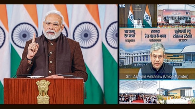 Prime Minister Narendra Modi virtually inaugurates and lays the foundation stone of various railway projects, in New Delhi on Monday. Union railways minister Ashwini Vaishnaw is also present. (ANI) Prime Minister Narendra Modi virtually inaugurates and lays the foundation stone of various railway projects, in New Delhi on Monday. Union railways minister Ashwini Vaishnaw is also present. (ANI)