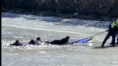 Tourists stuck in a frozen lake in Arunachal Pradesh being rescued. (Screengrab) Tourists stuck in a frozen lake in Arunachal Pradesh being rescued. (Screengrab)