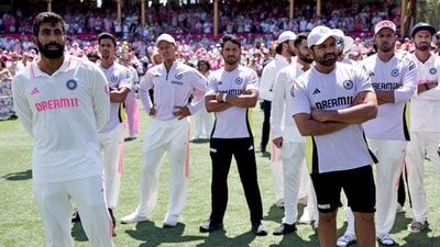 India's Jasprit Bumrah (L) reacts with teammates during the trophy ceremony after the fifth cricket Test match between Australia and India at The SCG in Sydney on January 5, 2025. (AFP) India's Jasprit Bumrah (L) reacts with teammates during the trophy ceremony after the fifth cricket Test match between Australia and India at The SCG in Sydney on January 5, 2025. (AFP)
