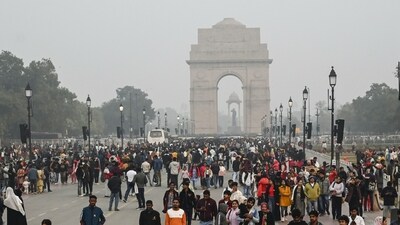 People gather at the India Gate on the first day of 2025 to celebrate New Year, in New Delhi on Wednesday. (ANI)