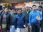 AAP national convenor Arvind Kejriwal (centre) with Delhi CM Atishi (to his right) and party leaders Raghav Chadha, Sanjay Singh and others.(PTI)