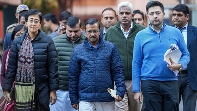 AAP national convenor Arvind Kejriwal (centre) with Delhi CM Atishi (to his right) and party leaders Raghav Chadha, Sanjay Singh and others. (PTI) AAP national convenor Arvind Kejriwal (centre) with Delhi CM Atishi (to his right) and party leaders Raghav Chadha, Sanjay Singh and others. (PTI)