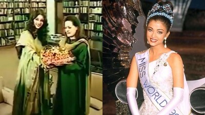Aishwarya Rai presenting flowers to Sonia Gandhi. (Reddit) Aishwarya Rai presenting flowers to Sonia Gandhi. (Reddit)