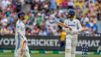 India's Akash Deep, right, walks off the field after losing his wicket as Rishabh Pant looks on (AP) India's Akash Deep, right, walks off the field after losing his wicket as Rishabh Pant looks on (AP)